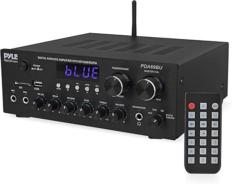 Pyle Home Karaoke Amplifier Receiver with Bluetooth Streaming, 200 Watt Peak, Dual Mic Inputs with Delay and Reverb, 2.0 Channel Hi Fi Sound System, USB-A Input w MP3 Player, RCA/Aux Inputs - PDA69BU
