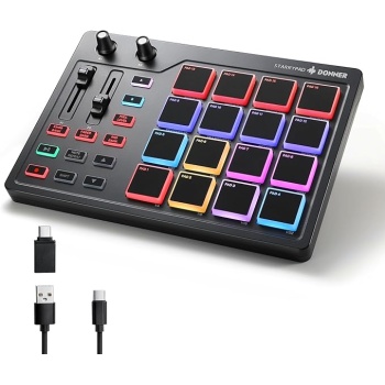 Donner MIDI Pad Beat Maker Machine Professional, Drum Machine with 16 Beat Pads, 2 Assignable Fader & Knobs and Music Production Software, USB MIDI Controller with 40 Courses, STARRYPAD
