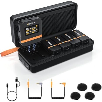 COMICA Vimo Q 4-Channel Wireless Lavalier Microphone with 4 Audio Tracks Output, Noise Reduction, 656ft Range, Lapel Microphone Wireless for iPhone, Camera, Android, Podcast/Livestream/Video Recording