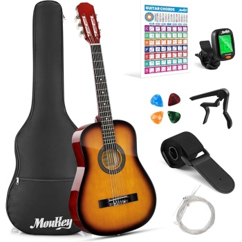 Moukey 38" Acoustic Guitar for Beginners Kids Youth Adult Dreadnought Guitarra Acustica Kit with Chord Poster, Gig Bag, Tuner, Picks, Nylon Strings, Capo, Strap - Sunburst