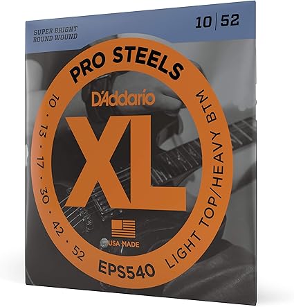 D'Addario Guitar Strings - ProSteels Electric Guitar Strings - Round Wound - Brighter, Crunchier, Increased Sustain - EPS540 - Light Top/Heavy Bottom, 10-52