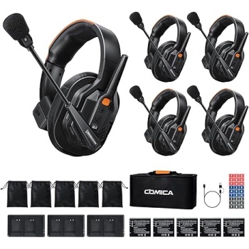 COMICA Seekcom S1 Wireless Intercom Headset System, 2.4GHz Full-Duplex Communication Headsets with 500m/1640ft Range, Noise Reduction, One-Key Broadcasting & Talk Modes for Live Show, Events (5 Sets)