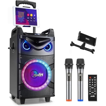 Moukey Karaoke Machine, 10" Woofer Portable PA System, Bluetooth Speaker with 2 Wireless Microphones, Lyrics Display Tablet Holder, Party Lights & Echo/Treble/Bass Adjustment Support REC/AUX/USB/TF
