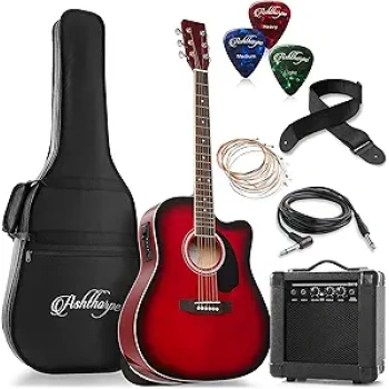 Ashthorpe Full-Size Dreadnought Cutaway Acoustic Electric Guitar Package with 10 Watt Amp - Red