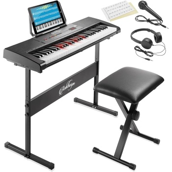 Ashthorpe 61-Key Digital Keyboard Piano with Lighted Keys, Stand, and Bench, Portable Electronic Piano Keyboard Kit with Headphones and Microphone