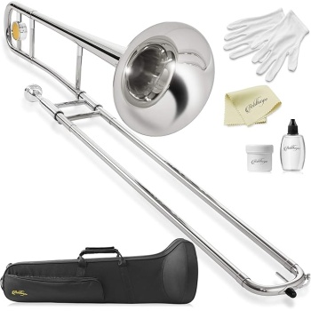 Ashthorpe Bb Tenor Slide Trombone with Nickel Plated Finish - Includes Case, Mouthpiece, Gloves, Cleaning Cloth, Slide Grease