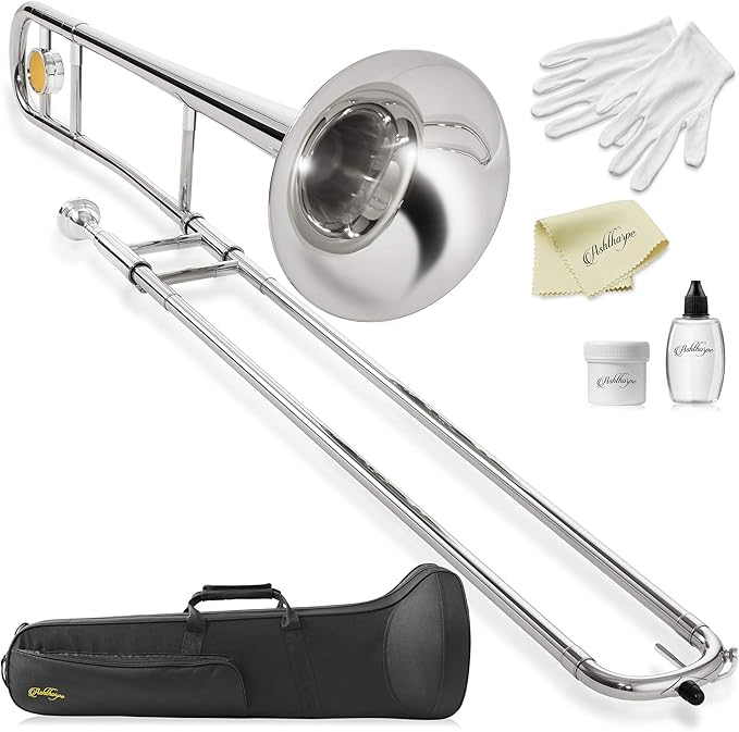 Ashthorpe Bb Tenor Slide Trombone with Nickel Plated Finish - Includes Case, Mouthpiece, Gloves, Cleaning Cloth, Slide Grease