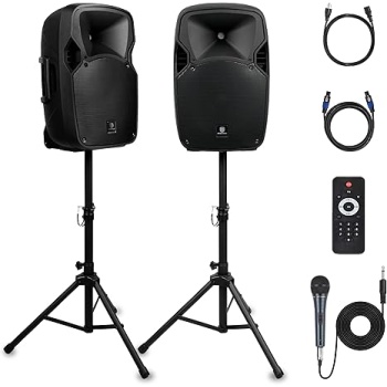 PRORECK Party 12 12-Inch 1800W 2-Way Powered PA Speaker System Combo Set with Bluetooth/USB Drive/SD Card/FM/Remote Control/Speaker Stands for Indoor, Outdoor DJ Parties, Personal Gatherings, Karaoke