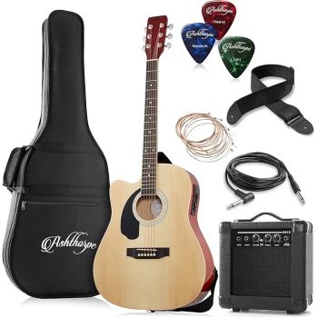 Ashthorpe Left Handed Full-Size Dreadnought Cutaway Acoustic Electric Guitar Package with 10 Watt Amp - Natural