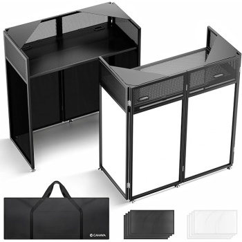 CAHAYA DJ Booth Stand Portable – DJ Table Facade for Laptop & Controller Double Top Corners Black & White Scrims for Lighting Easy Setup Foldable Storage with Bag 40"L x 20"W