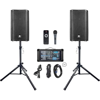 PRORECK DELTA 10 1800W Bluetooth PA Speaker System with 4-Channel Powered Mixer, 2 10-Inch Passive Speakers, Stands, Reverb Effects, and 15V Phantom Power. Perfect for DJs, Bands, Karaoke, Live Events