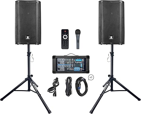 PRORECK DELTA 10 1800W Bluetooth PA Speaker System with 4-Channel Powered Mixer, 2 10-Inch Passive Speakers, Stands, Reverb Effects, and 15V Phantom Power. Perfect for DJs, Bands, Karaoke, Live Events