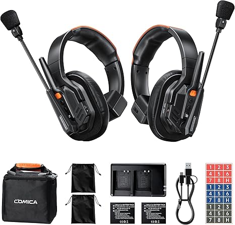 COMICA Seekcom S1 Wireless Intercom Headset System, 2.4GHz Full-Duplex 2-Person Communication Headset with AI/ENC Noise Reduction, 500m/1640ft, PTT Mute, OLED Display for Film, TV, Broadcast, Live