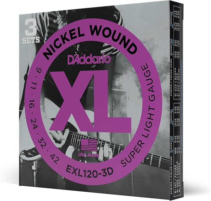 D'Addario Electric Guitar Strings, XL Nickel, EXL120-3D, Super Light Gauge 09-42, 6-String Set, Pack of 3