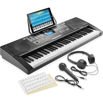 Ashthorpe 61-Key Digital Electronic Keyboard Piano with Full-Size Keys for Beginners, Includes Headphones, Mic and Keynote Stickers