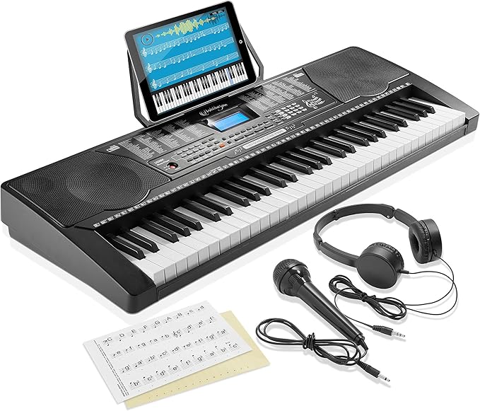 Ashthorpe 61-Key Digital Electronic Keyboard Piano with Full-Size Keys for Beginners, Includes Headphones, Mic and Keynote Stickers
