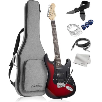 Ashthorpe 39-Inch Electric Guitar (Red-Black), Full-Size Guitar Kit with Padded Gig Bag, Tremolo Bar, Strap, Strings, Cable, Cloth, Picks