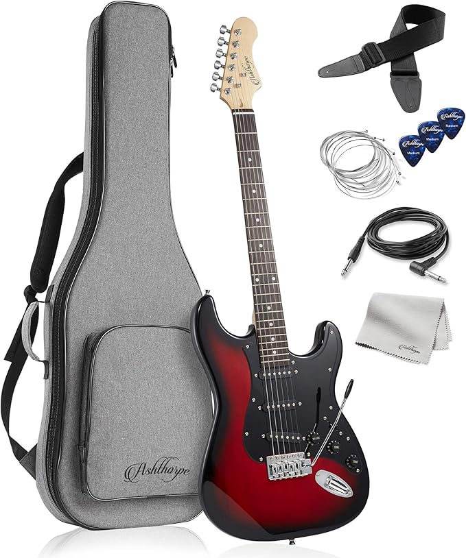 Ashthorpe 39-Inch Electric Guitar (Red-Black), Full-Size Guitar Kit with Padded Gig Bag, Tremolo Bar, Strap, Strings, Cable, Cloth, Picks