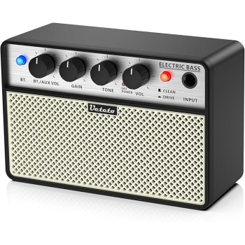 Ueteto 10W Mini Bass Amp, Portable and Rechargeable Bass Guitar Practice Amplifier with Clean and Drive Channels
