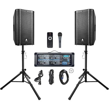PRORECK Delta 128 2400W Bluetooth PA Speaker System with 8-Channel Powered Mixer, 2 12-Inch Passive Speakers, Stands, Reverb Effects, 15V Phantom Power. Perfect for DJs, Bands, Karaoke, Live Events