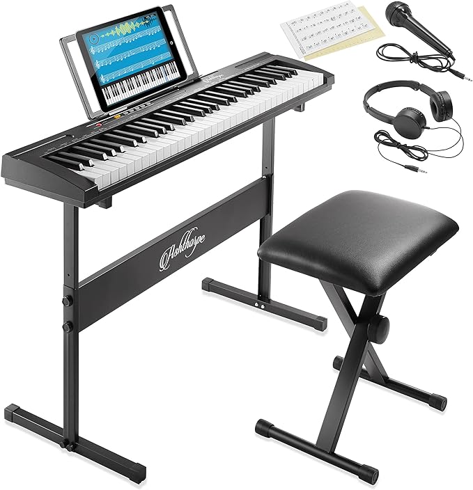 Ashthorpe 61-Key Electronic Keyboard Piano for Beginners with Stand and Bench, Digital Piano Keyboard Set Includes Headphones, Microphone, Stickers