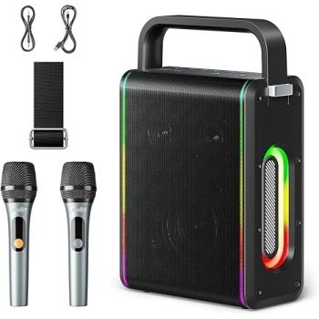 Moukey MPS5 Portable Karaoke Machine, 200W Peak Power Rechargeable Speaker with 2 Wireless Microphones& Strap, Support BT 5.3/REC/AUX/MP3/USB/TF, for Home/Party/Outdoor/Adults/Kids