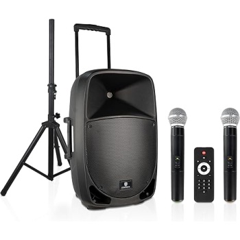 PRORECK Portable 12 Inch 1200W Powered PA/DJ Speaker System with Rechargeable Battery, 2 Wireless Mics, Bluetooth, USB, SD, FM Radio, Remote, Speaker Stand for Parties, Karaoke, speeches, Outdoor