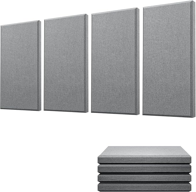 Moukey Acoustic Panels 4 PCS, 2.4“ Thick Fiberglass Soundproof Wall Panels 24''x12'', Self-adhesive Sound Absorbing Panels for Studios, Office, Home Theater (Gray)
