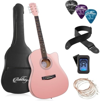 Ashthorpe 41-inch Beginner Cutaway Acoustic Guitar Package (Pink), Full Size Basic Starter Kit w/Gig Bag, Strings, Strap, Tuner, Picks