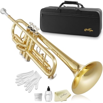 Ashthorpe Standard Bb Trumpet with Gold Brass Finish - Includes Case, Mouthpiece, Gloves, Cleaning Cloth, Valve Oil