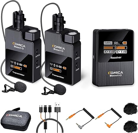 COMICA BoomX-D2 - Wireless Microphone System for Cameras, Camcorders, Smartphones, Laptops, Compact Wireless Lavalier Lapel Microphone with Safety Audio Track, Noise Reduction, 328' Range, Low Latency