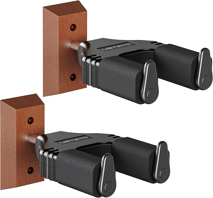 Ueteto Guitar Wall Mount Hanger, Hard Wood Base Guitar Hook Auto Locking for Acoustic, Classical, Electric, Bass Guitars, Ukuleles， 2 Pack.
