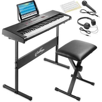 Ashthorpe 61-Key Digital Keyboard Piano with Stand and Bench, Portable Electronic Piano Keyboard Kit with Headphones, Microphone, Keynote Stickers