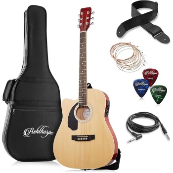 Ashthorpe Full-Size Left-Handed Cutaway Thinline Acoustic-Electric Guitar Package - Premium Tonewoods - Natural