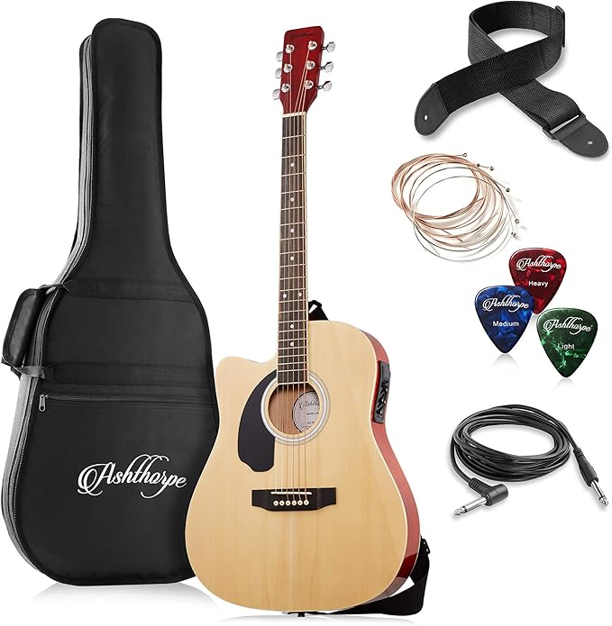 Ashthorpe Full-Size Left-Handed Cutaway Thinline Acoustic-Electric Guitar Package - Premium Tonewoods - Natural