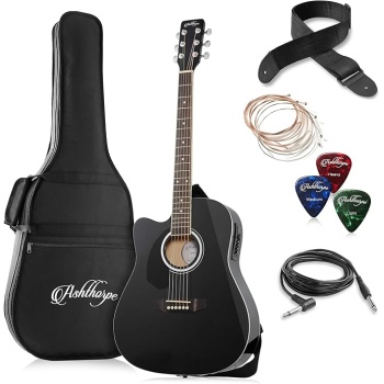 Ashthorpe Full-Size Left-Handed Dreadnought Cutaway Acoustic-Electric Guitar Bundle - Premium Tonewoods - Black