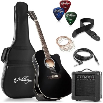 Ashthorpe Full-Size Thinline Cutaway Acoustic Electric Guitar Package with 10 Watt Amp - Black