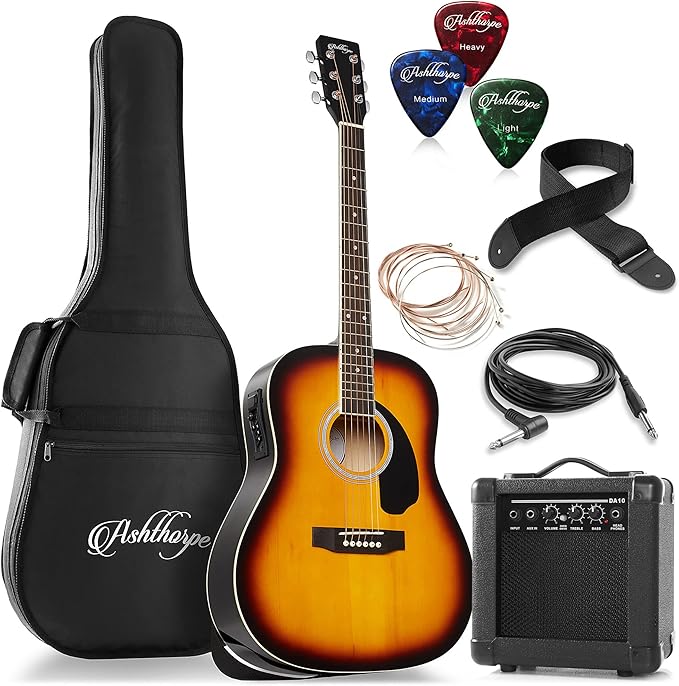 Ashthorpe Full-Size Dreadnought Acoustic Electric Guitar Package with 10 Watt Amp - Sunburst