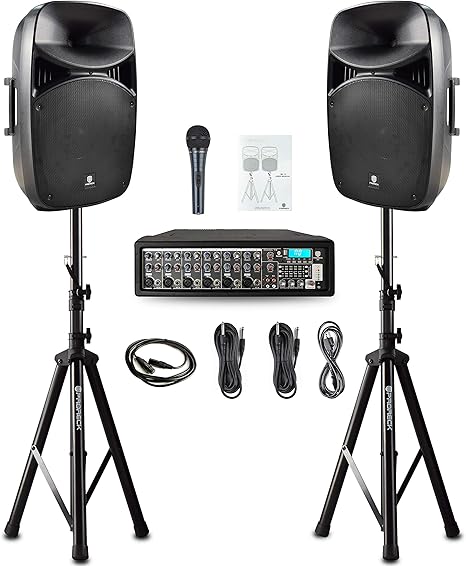 PRORECK MX15 15inch 2500W Bluetooth Powered PA System Mixer/Amp with Stands/Mic Effect Controller 48V Phantom Power, Audio Interface